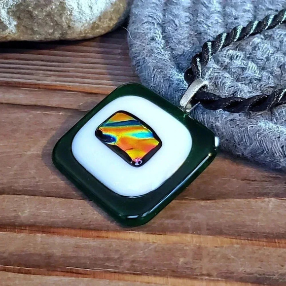 Artisan Green White Black Multi Fused Dichroic Glass Rectangle Pendant Necklace - Picture 2 of 6